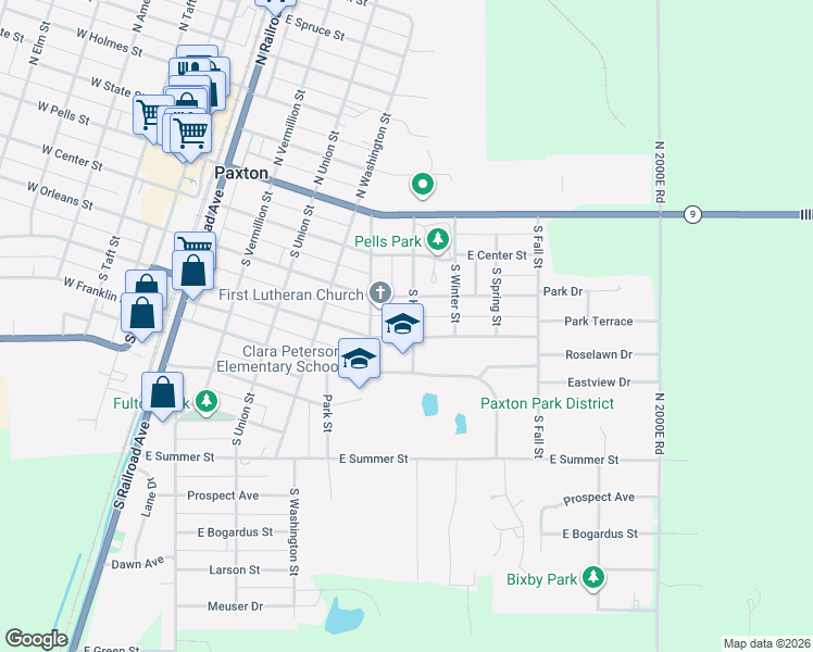 map of restaurants, bars, coffee shops, grocery stores, and more near 640 East Patton Street in Paxton