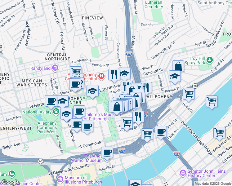 map of restaurants, bars, coffee shops, grocery stores, and more near 923 James Street in Pittsburgh