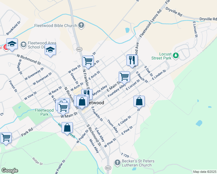 map of restaurants, bars, coffee shops, grocery stores, and more near 106 East Main Street in Fleetwood