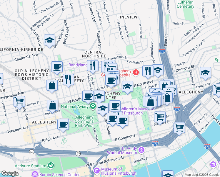 map of restaurants, bars, coffee shops, grocery stores, and more near 6 West North Avenue in Pittsburgh