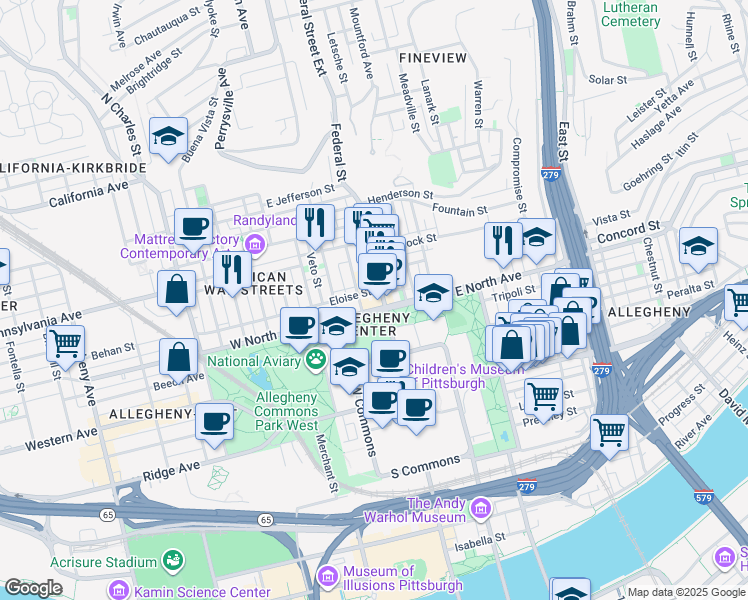 map of restaurants, bars, coffee shops, grocery stores, and more near 6 West North Avenue in Pittsburgh