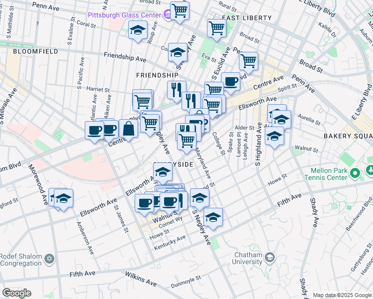 map of restaurants, bars, coffee shops, grocery stores, and more near in Pittsburgh