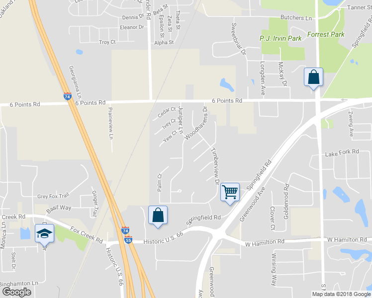 map of restaurants, bars, coffee shops, grocery stores, and more near 2206 Woodhavens Drive in Bloomington