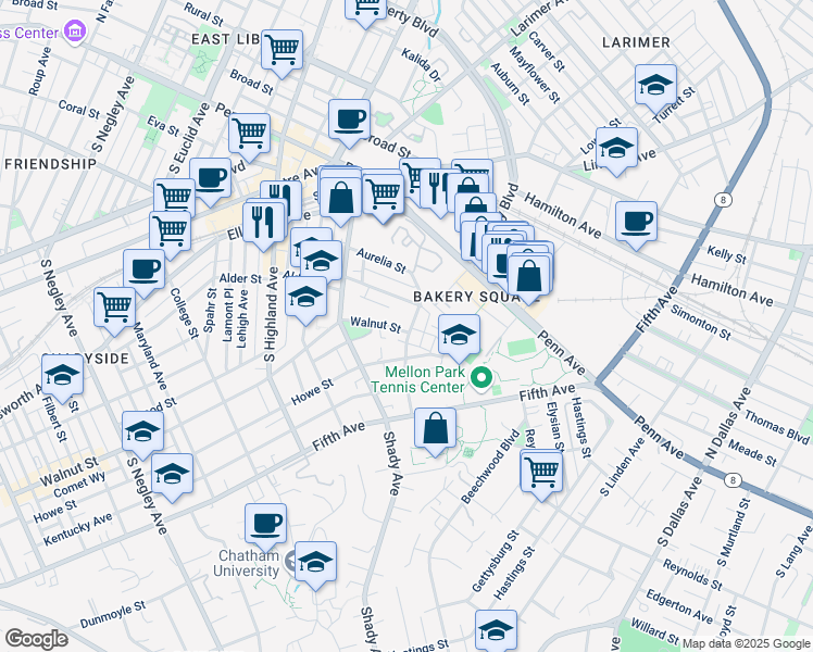 map of restaurants, bars, coffee shops, grocery stores, and more near 342 Denniston Street in Pittsburgh