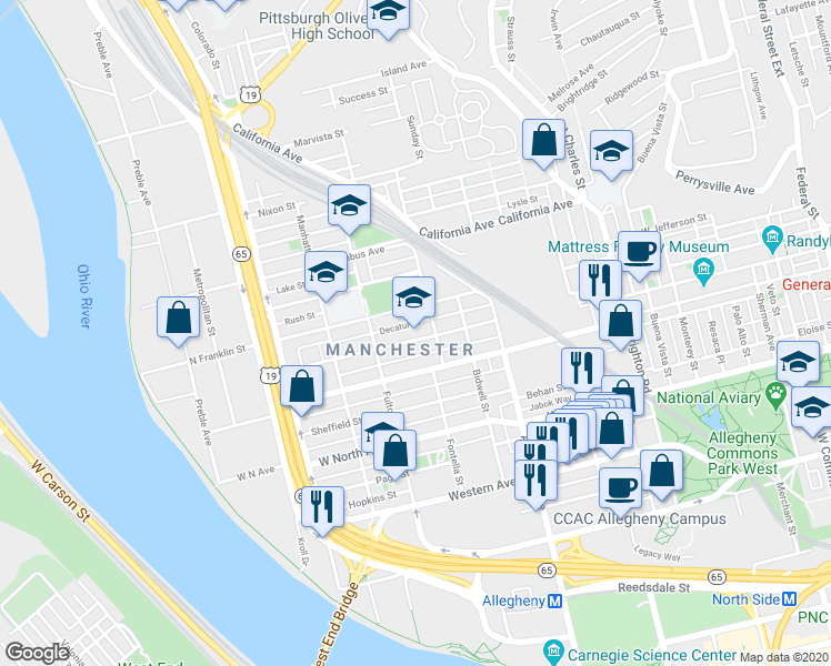 map of restaurants, bars, coffee shops, grocery stores, and more near 1214 Liverpool Street in Pittsburgh