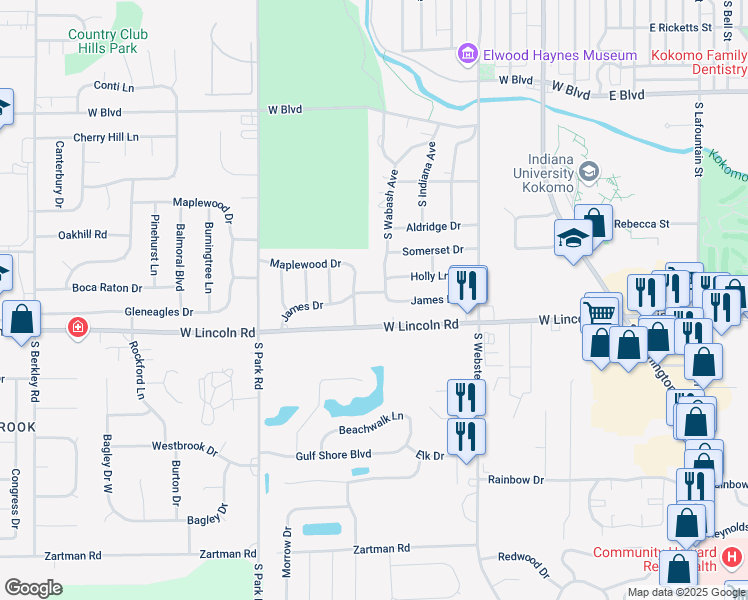 map of restaurants, bars, coffee shops, grocery stores, and more near 700 West Lincoln Road in Kokomo