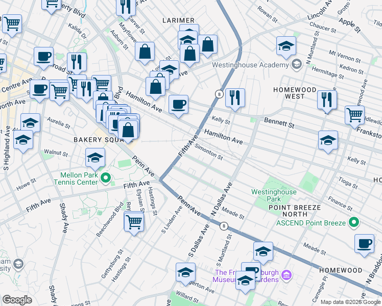 map of restaurants, bars, coffee shops, grocery stores, and more near 6714 Simonton Street in Pittsburgh