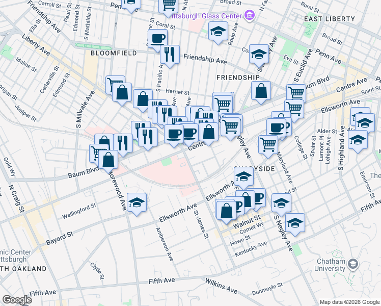 map of restaurants, bars, coffee shops, grocery stores, and more near 515 South Aiken Avenue in Pittsburgh
