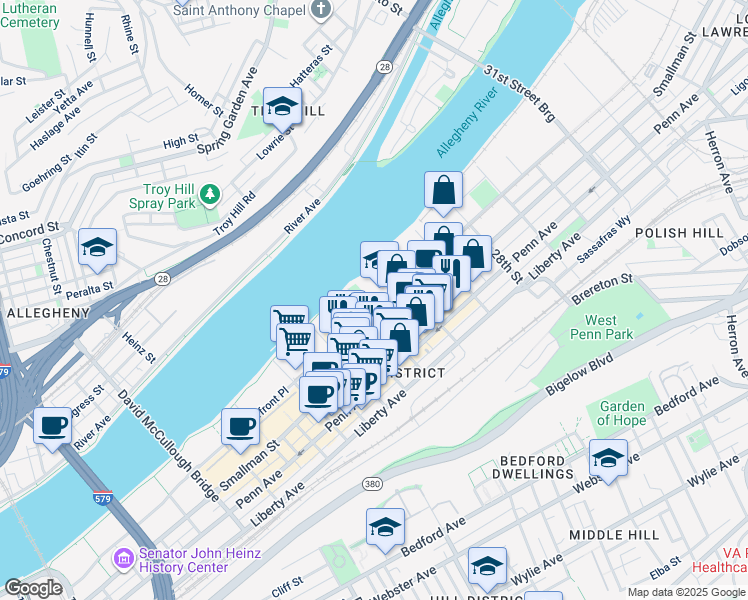 map of restaurants, bars, coffee shops, grocery stores, and more near 2545 Railroad Street in Pittsburgh