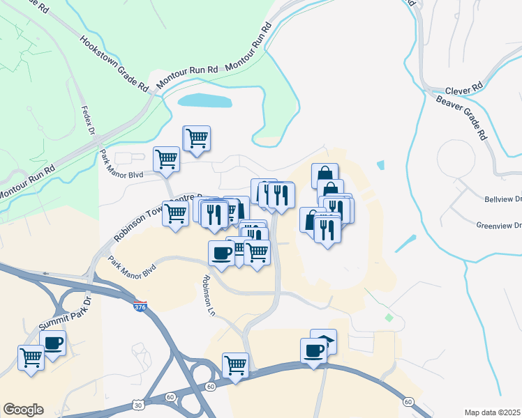 map of restaurants, bars, coffee shops, grocery stores, and more near 1369 Robinson Town Centre Boulevard in McKees Rocks