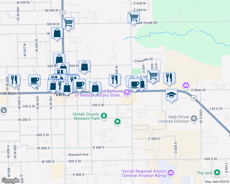 map of restaurants, bars, coffee shops, grocery stores, and more near 380 East Main Street in Vernal