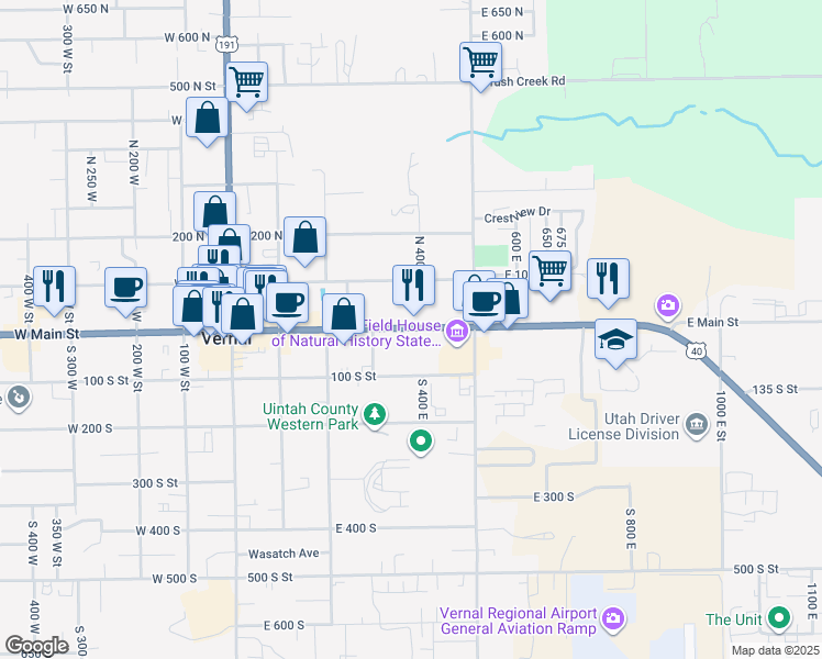 map of restaurants, bars, coffee shops, grocery stores, and more near 380 East Main Street in Vernal