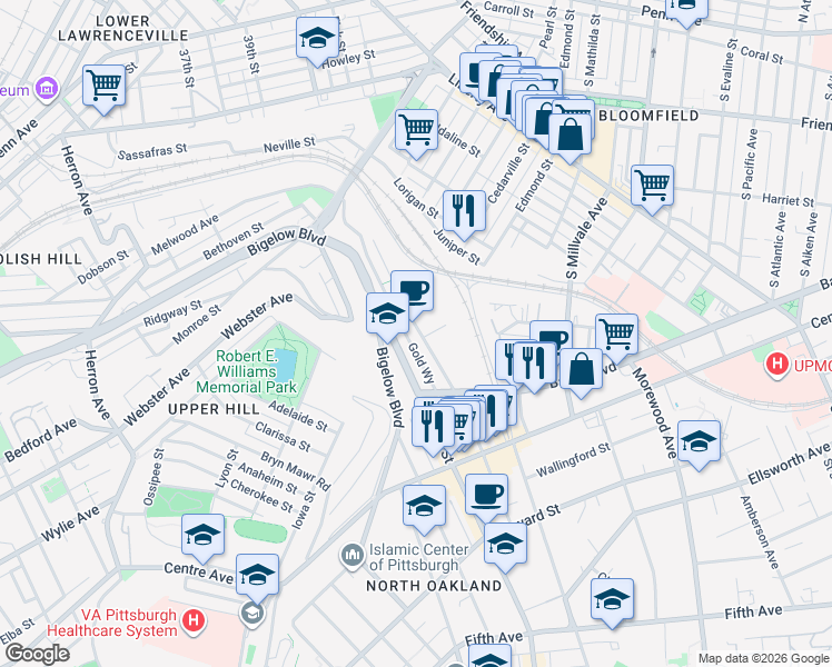 map of restaurants, bars, coffee shops, grocery stores, and more near 461 Melwood Avenue in Pittsburgh