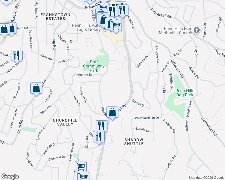 map of restaurants, bars, coffee shops, grocery stores, and more near 281 Duff Road in Pittsburgh