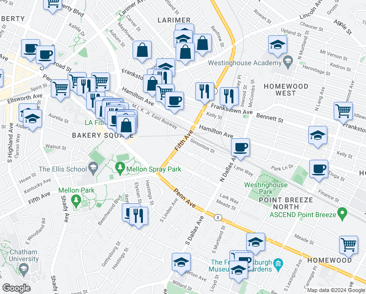 map of restaurants, bars, coffee shops, grocery stores, and more near 6714 Simonton Street in Pittsburgh