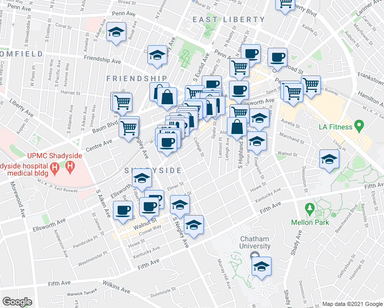 map of restaurants, bars, coffee shops, grocery stores, and more near in Pittsburgh