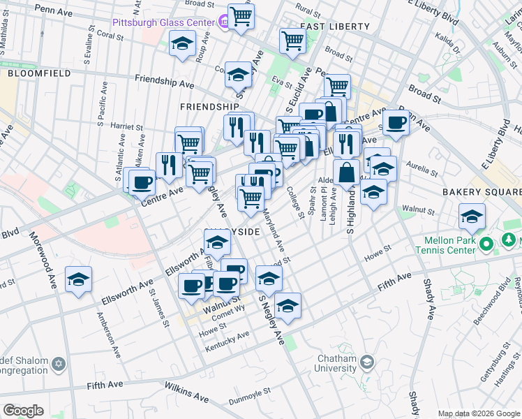 map of restaurants, bars, coffee shops, grocery stores, and more near 5817 Alder Street in Pittsburgh