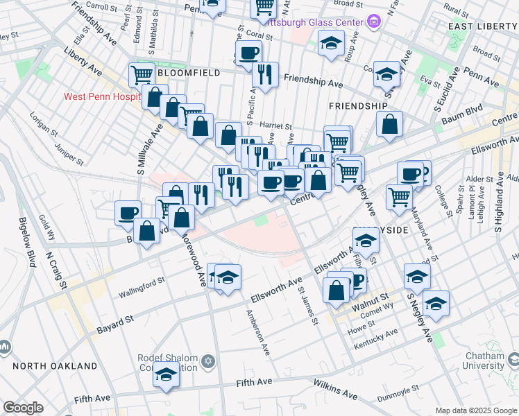 map of restaurants, bars, coffee shops, grocery stores, and more near 5247 Liberty Avenue in Pittsburgh