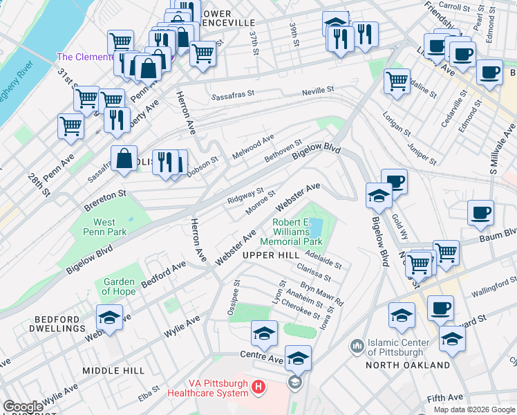map of restaurants, bars, coffee shops, grocery stores, and more near 3396 Ridgway Street in Pittsburgh
