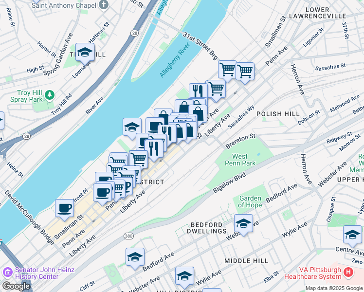 map of restaurants, bars, coffee shops, grocery stores, and more near 2711 Penn Avenue in Pittsburgh