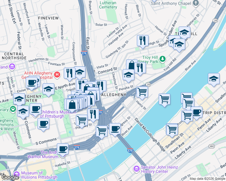 map of restaurants, bars, coffee shops, grocery stores, and more near 908 Chestnut Street in Pittsburgh