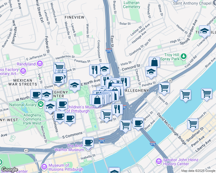 map of restaurants, bars, coffee shops, grocery stores, and more near 601 East North Avenue in Pittsburgh