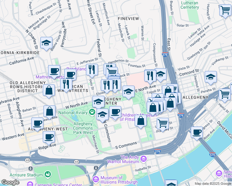 map of restaurants, bars, coffee shops, grocery stores, and more near 1221 Federal Street in Pittsburgh