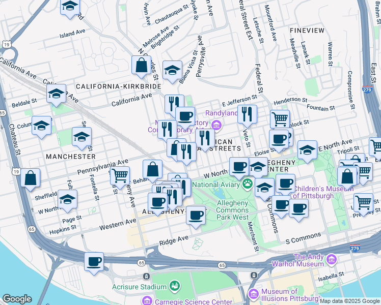 map of restaurants, bars, coffee shops, grocery stores, and more near 1403 Buena Vista Street in Pittsburgh
