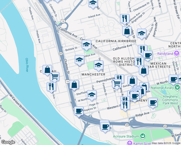 map of restaurants, bars, coffee shops, grocery stores, and more near 1546 Fulton Street in Pittsburgh