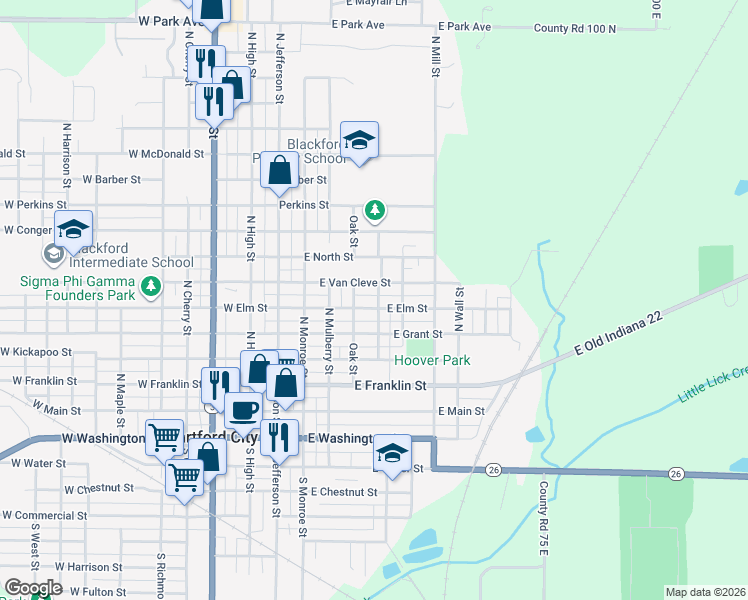 map of restaurants, bars, coffee shops, grocery stores, and more near 412 East Van Cleve Street in Hartford City