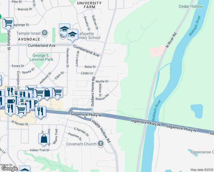 map of restaurants, bars, coffee shops, grocery stores, and more near 212 Myrtle Drive in West Lafayette