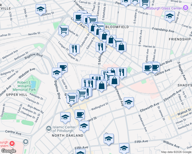 map of restaurants, bars, coffee shops, grocery stores, and more near 149 Morewood Avenue in Pittsburgh