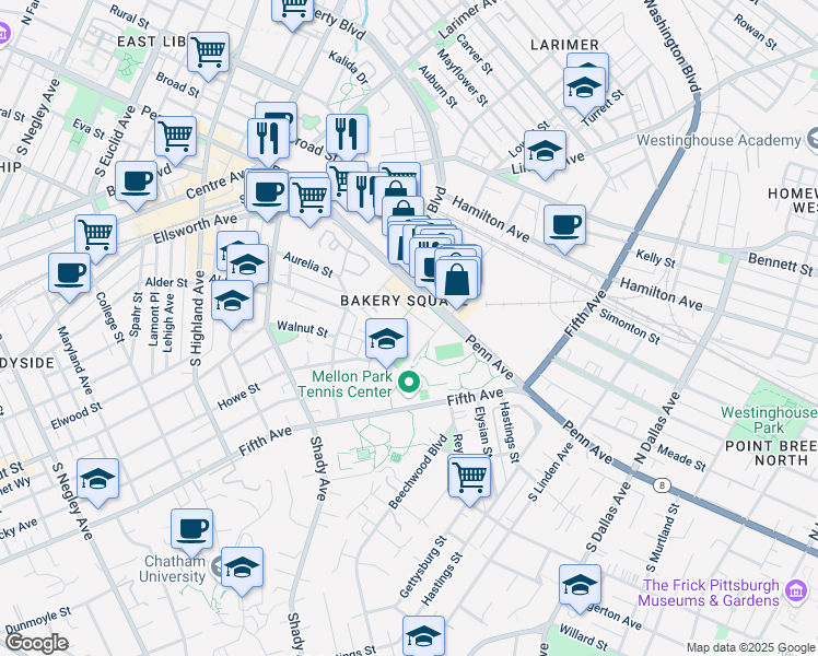 map of restaurants, bars, coffee shops, grocery stores, and more near 6454 Living Place in Pittsburgh