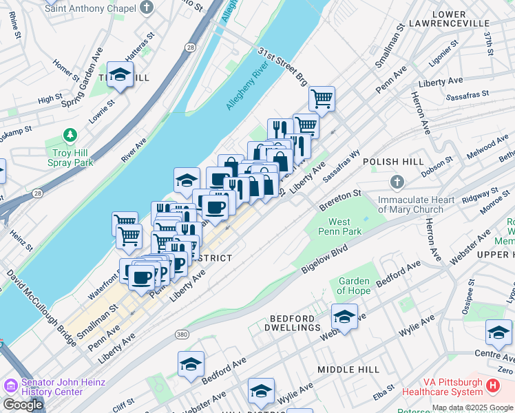 map of restaurants, bars, coffee shops, grocery stores, and more near 2700 Penn Avenue in Pittsburgh