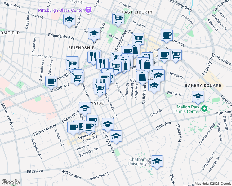 map of restaurants, bars, coffee shops, grocery stores, and more near in Pittsburgh