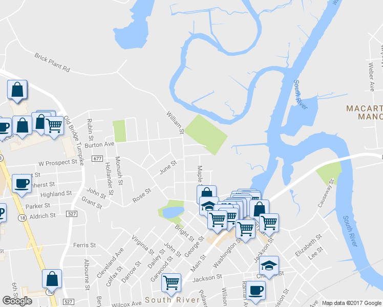 map of restaurants, bars, coffee shops, grocery stores, and more near 41 Belmont Avenue in South River