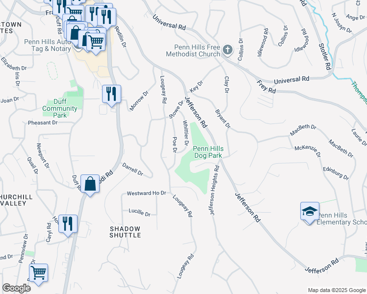 map of restaurants, bars, coffee shops, grocery stores, and more near 380 Whittier Drive in Pittsburgh