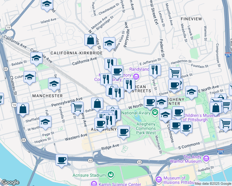 map of restaurants, bars, coffee shops, grocery stores, and more near 1403 Buena Vista Street in Pittsburgh