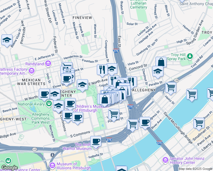 map of restaurants, bars, coffee shops, grocery stores, and more near 516 East North Avenue in Pittsburgh