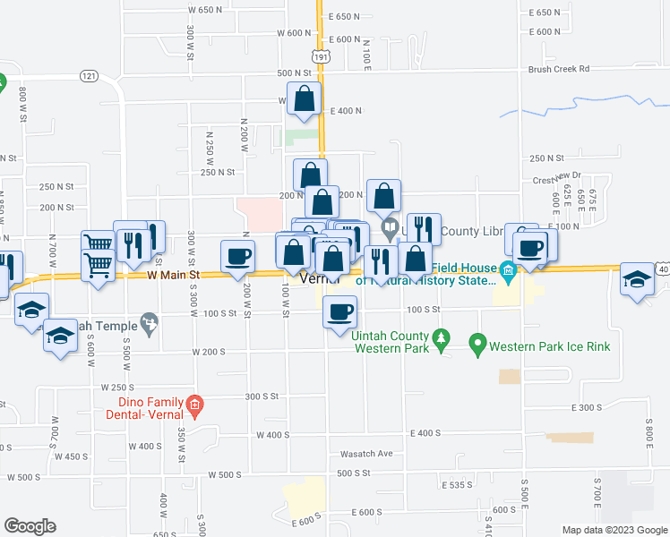 map of restaurants, bars, coffee shops, grocery stores, and more near 23 East Main Street in Vernal
