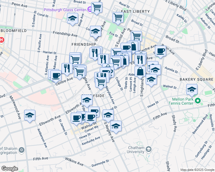 map of restaurants, bars, coffee shops, grocery stores, and more near 5817 Alder Street in Pittsburgh