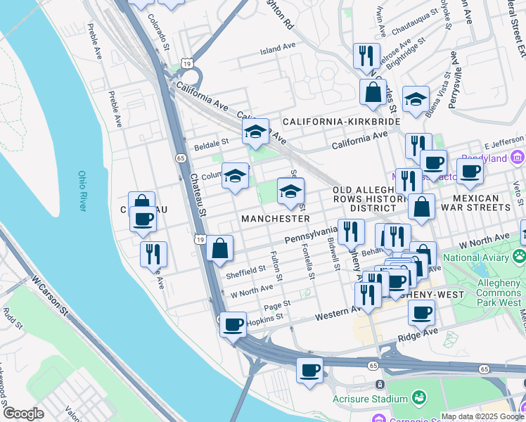 map of restaurants, bars, coffee shops, grocery stores, and more near 1546 Fulton Street in Pittsburgh