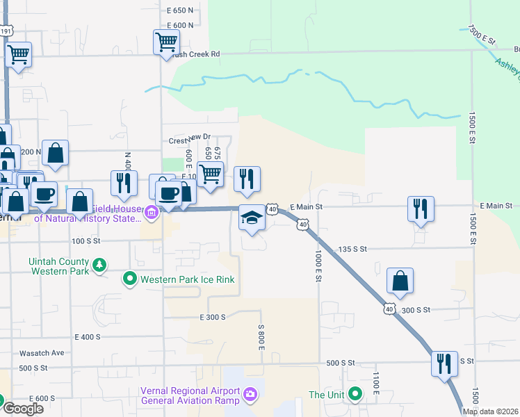 map of restaurants, bars, coffee shops, grocery stores, and more near 830 East Main Street in Vernal