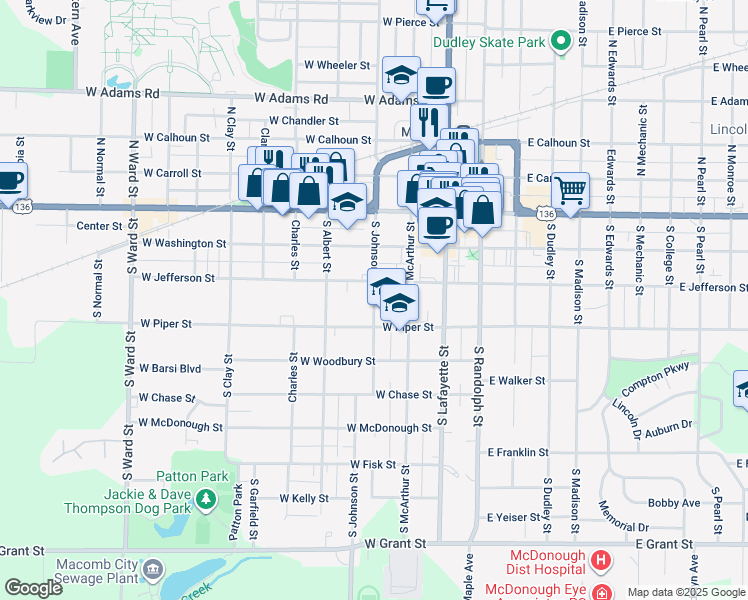 map of restaurants, bars, coffee shops, grocery stores, and more near 341 South Johnson Street in Macomb