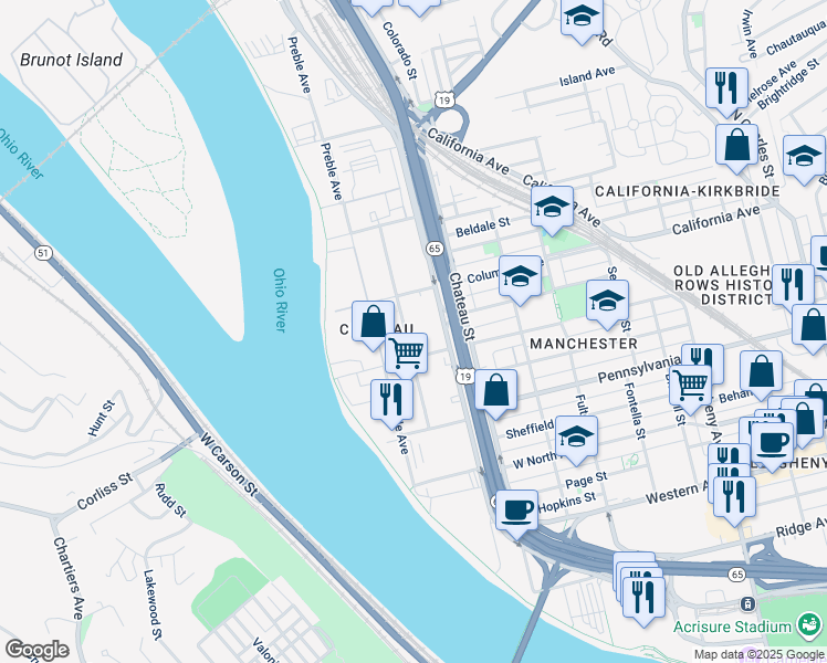 map of restaurants, bars, coffee shops, grocery stores, and more near 1650 Metropolitan Street in Pittsburgh