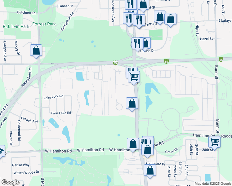 map of restaurants, bars, coffee shops, grocery stores, and more near 2002 Tracy Drive in Bloomington