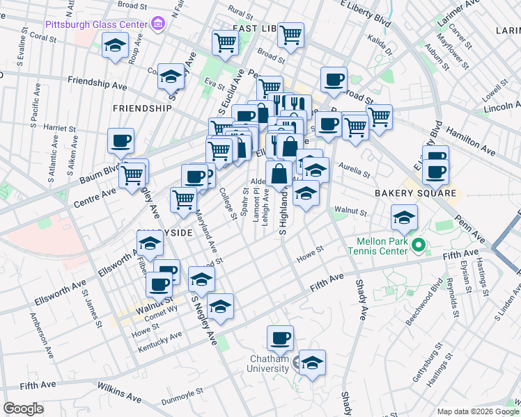 map of restaurants, bars, coffee shops, grocery stores, and more near 319 Lehigh Avenue in Pittsburgh