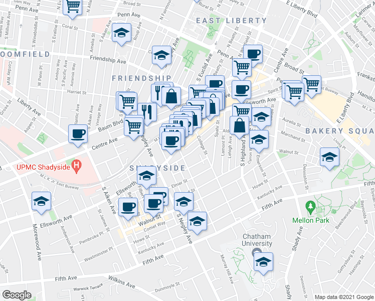map of restaurants, bars, coffee shops, grocery stores, and more near 5817 Alder Street in Pittsburgh