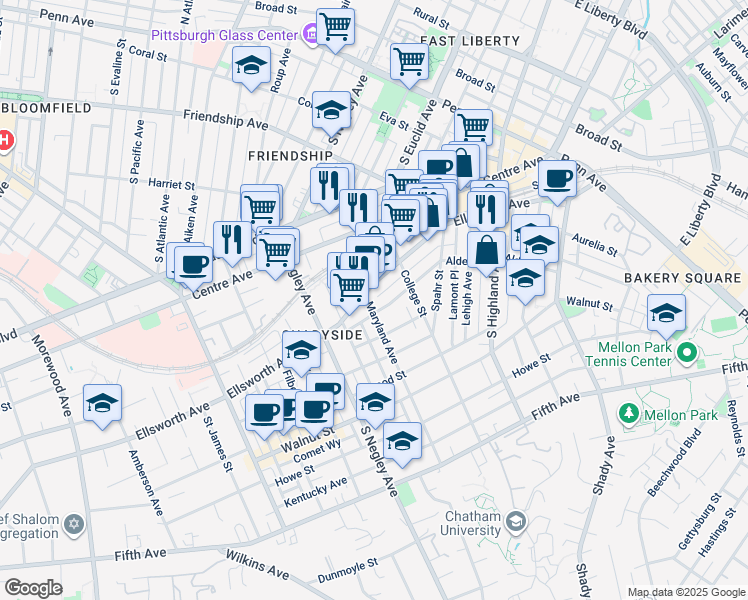 map of restaurants, bars, coffee shops, grocery stores, and more near 5817 Alder Street in Pittsburgh