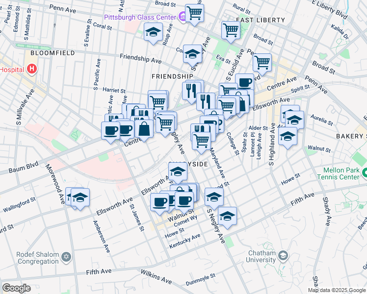 map of restaurants, bars, coffee shops, grocery stores, and more near in Pittsburgh